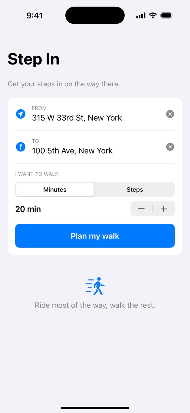 Step In's input screen in Minutes mode: from 315 W 33rd St to 100 5th Ave, with the walk goal set to 20 minutes and a Plan my walk button.