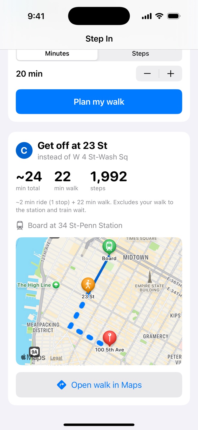Step In's result: get off at 23 St instead of W 4 St-Wash Sq, about 24 minutes total, 22 minutes of walking, 1,992 steps. A map shows the C train from Penn Station down to 23 St, then the walking route to 100 5th Ave.