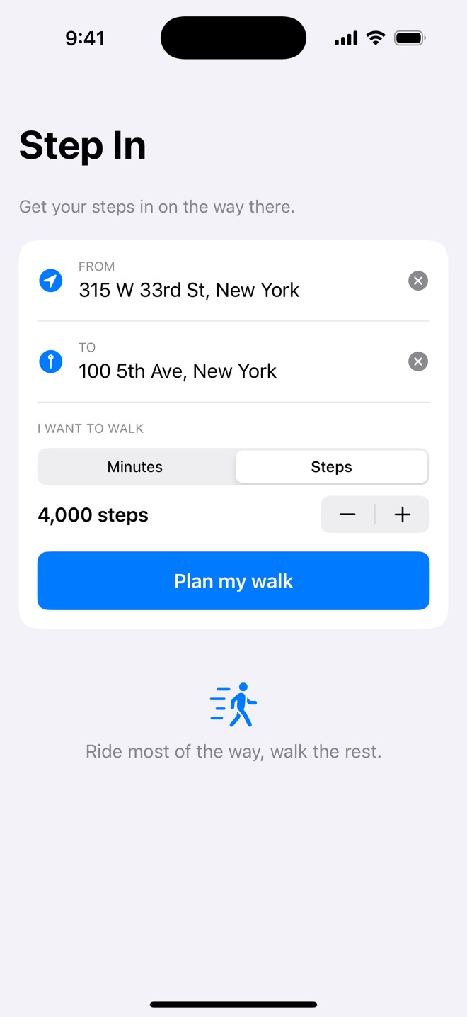 The same input screen in Steps mode, with the walk goal set to 4,000 steps.